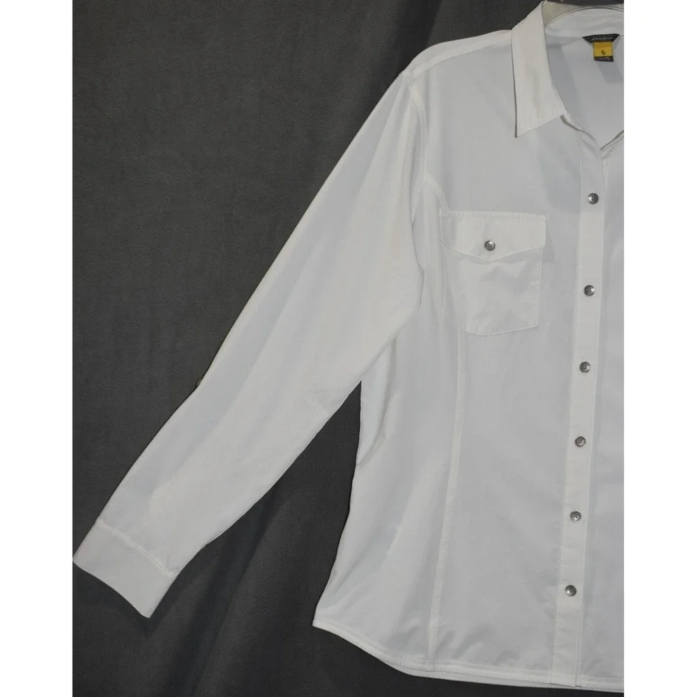 Eddie Bauer XL Women Departure Shirt Ivory Roll Tab Sleeve Button Up Stretch - Picture 15 of 16